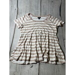 Torrid Babydoll T-Shirt Womens 2 Tan White Striped Boho Tiered Casual Tee